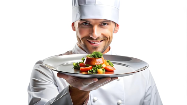 Uśmiechnięty kucharz pokazujący danie